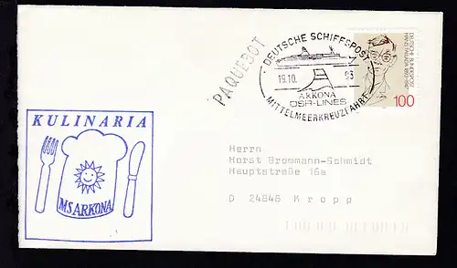 DEUTSCHE SCHIFFSPOST ARKONA DSR-LINES MITTELMEERKREUZFAHRT 19.10.93 + Cachet 