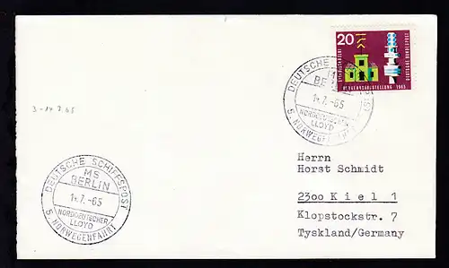 DEUTSCHE SCHIFFSPOST MS BERLIN NORDDEUTSCHER LLOYD 5. NORWEGENFAHRT 4.7.65 