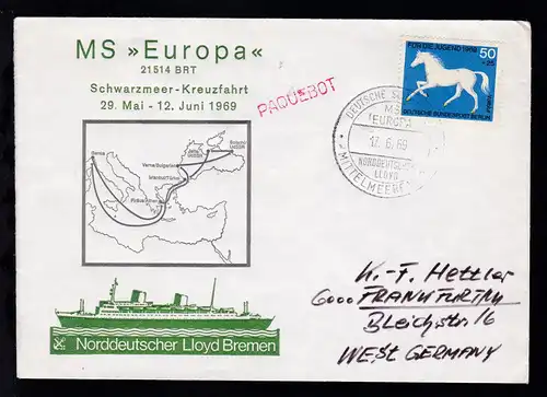 DEUTSCHE SCHIFFSPOST MS EUROPA NORDDEUTSCHER LLOYD MITTELMEERFAHRT 17.6.69 +