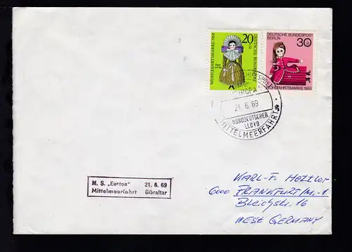 DEUTSCHE SCHIFFSPOST MS EUROPA NORDDEUTSCHER LLOYD MITTELMEERFAHRT 21.6.69 