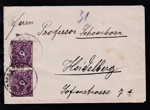 Posthorn 2 M. senkr. Paar auf Brief ab Pirmasens 20 JUL 22 nach Heidelberg