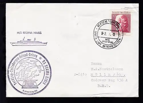 DEUTSCHE SCHIFFSPOST MS REGINA MARIS  LÜBECK LINIE AKTIENGESELLSCHAFT 2.8.72 +