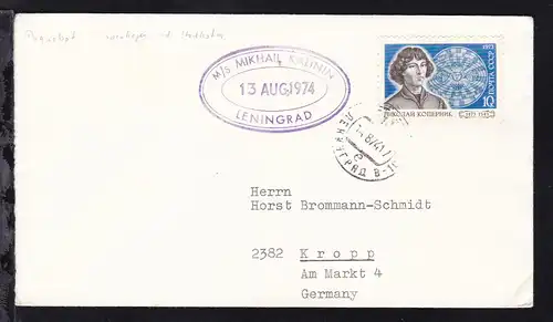 OSt. Leningrad 14.8.74 + Cachet MS Mikhail Kalinin auf Brief