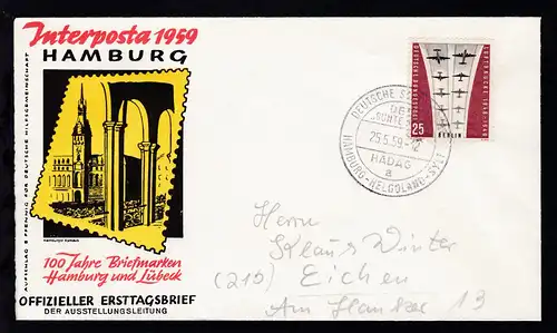 DEUTSCHE SCHIFFSPOST DES "BUNTE KUH" HADAG a HAMBURG-HELGOLAND-SYLT 22.5.59 