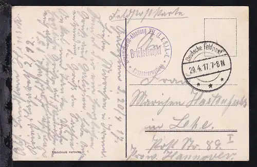 Deutsche Feldpost *** 20.4.17 + K1 Briefstempel Kriegslazarett-Abteilung XII.