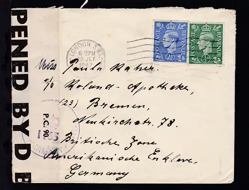König Georg VI ½ P und 2½ P auf Brief ab London 20 JLY 47 nach Bremen 