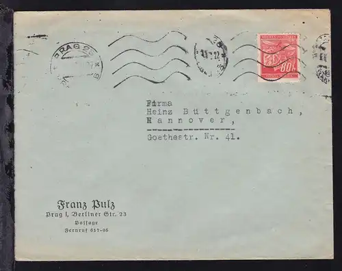 Lindenzweig 80 H. auf Firmenbrief (Franz Pulz, Prag) ab Prag nach Hannover, 