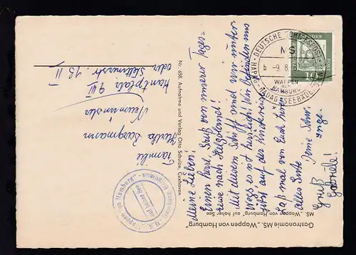 DEUTSCHE SCHIFFSPOST MS WAPPEN VON HAMBURG HAPAG-HADAG-SEEBÄDERDIENST b 9.8.62