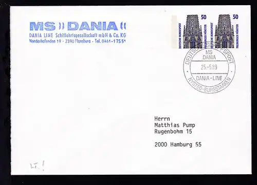 DEUTSCHE SCHIFFSPOST MS DANIA DANIA-LINE NYSTED-BURGSTAAKEN 25.5.89 auf 