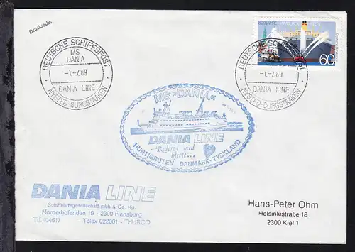 DEUTSCHE SCHIFFSPOST MS DANIA DANIA-LINE NYSTED-BURGSTAAKEN 1.7.89 + Cachet