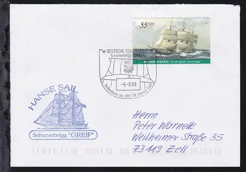 DEUTSCHE SCHIFFSPOST Schonerbrigg GREIF Teilnahme an der 19. Hanse Sail 9.8.09 