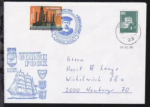OSt. Kiel 04.2.84 + Cachet 25 Jahre SSS Gorch Fock auf Brief