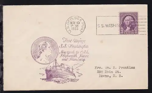 U.S. GER. SEA POST MAY 10 1933 S.S. WASHINGTON + Cachet Erste Reise auf Brief