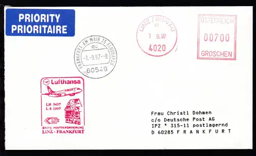 Lufthansa Erstflugbrief Linz/Donau-Frankfurt 1.9.1997