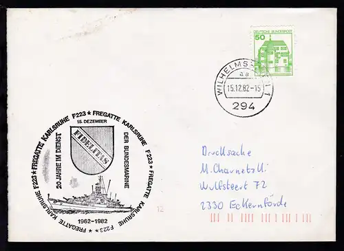 OSt. Wilhelmshaven 15.12.82 + Cachet Fregatte Karlsruhe 20 Jahre im Dienst 