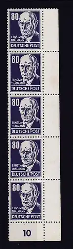 Persönlichkeiten 80 Pfg. senkr. Eckrand-Fünferstreifen rechts unten, **