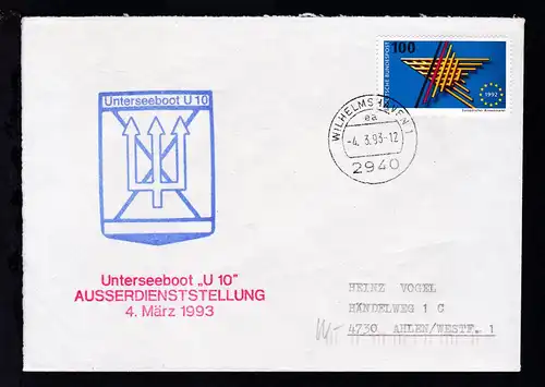 OSt. Wilhelmshaven 4.3.93 + Cachets U 10 auf Brief
