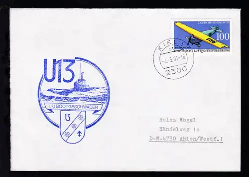 OSt. Kiel 4.5.91 + Cachet U 13 auf Brief