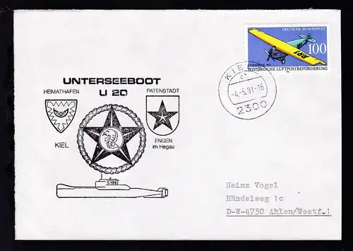 OSt. Kiel 4.5.91 + Cachet U 20 auf Brief