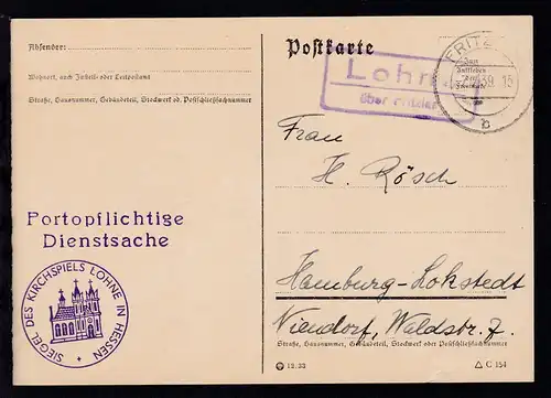 OSt. Fritzlar 7.7.39 + R2 Lohne über Fritzlar auf Dienstpostkarte des 