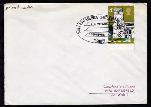 HOLLAND AMERICA CENTENNIAL 1873-1973 S.S. VENDAM TORQUAY 7SEPTEMBER 73 auf Brief