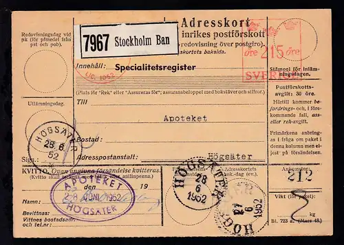 1952 Paketkarte ab Stockholm nach Högsäter