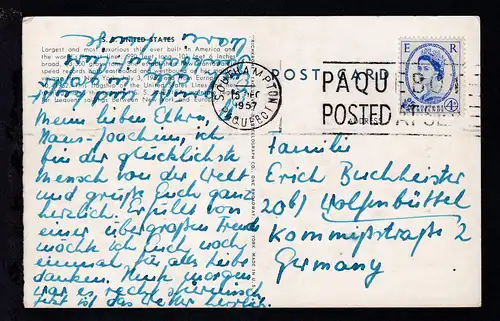 SOUTHAMPTON PAQUEBOT 15 DEC 1957 PAQUEBOT POSTED AT SEA auf CAK 