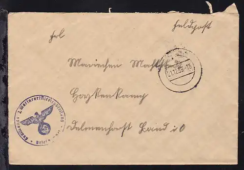 Tarnstempel 21.12.39 + K1 Kommando 2. Marineartillerieabteilung Briefstempel 