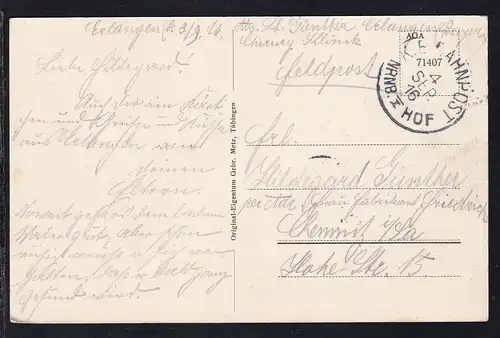 K.B. BAHNPOST NRNB. HOF I 4 SEP. 16 (=Nürnberg-Hof) auf Feldpost-AK