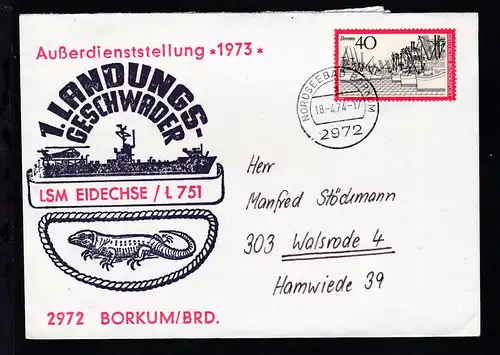 OSt. Borkum 18.4.74 + Cachet LSM Eidechse Außerdienststellung 1973 auf Brief