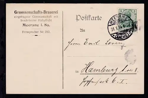 Germania 5 Pfg. auf Firmenpostkarte (Genossenschafts-Brauerei Meerane)