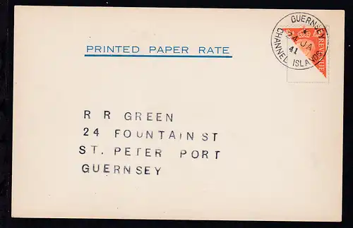 2 P. halbiert auf Postkarte mit K1 GUERNSEY CHANNEL ISLANDS 24 JA 41