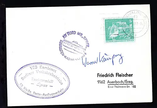 OSt. Eberswalde-Finow 13.7.77 + 2 Cachets MS Spree auf Postkarte