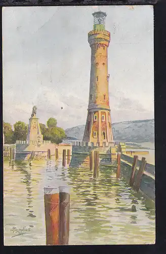 Lindau im Bodensee Hafeneinfahrt, Künstlerkarte von J. Marschall