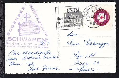 OSt. Lindau 5.8.63 + Cachet MS Schwaben auf AK (MS Schwaben in Friedrichshafen)