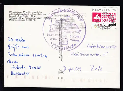 OSt. Romanshorn 17.9.98 + Cachet MS Konstanz auf CAK (MS Algäu im Lindauer 