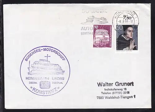 Maschinenstempel Konstanz 8.7.80 50 Jahre Autofähre Konstanz-Meersburg + Cachet 