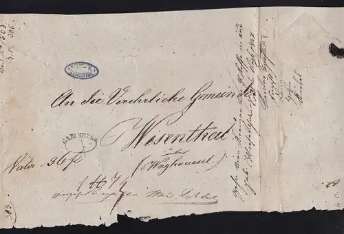 Karlsruhe 1847 Ovalstempel CARLSRUHE auf grossem Briefteil nach Wiesenthal 