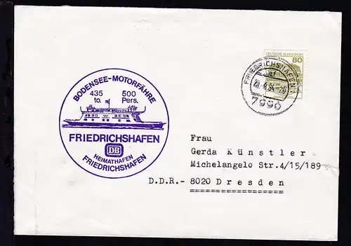 OSt. Friedrichshafen 28.8.84 + Cachet MS Friedrichshafen auf Brief