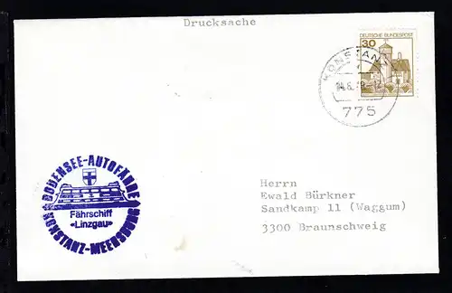 OSt. Konstanz 14.6.78 + Cachet Fährschiff Linzgau auf Brief