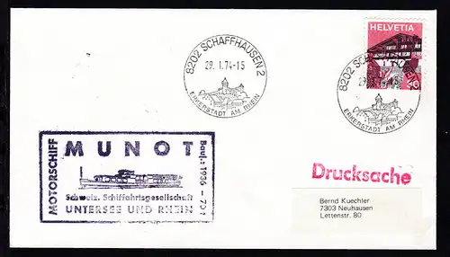 OSt. Schaffhausen 29.1.74 + Cachet MS Munot auf Brief