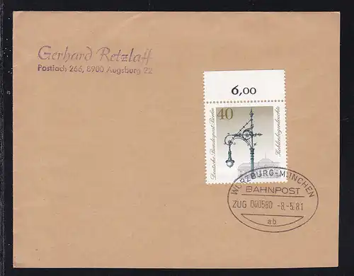 WÜRZBURG-MÜNCHEN BAHNPOST ab ZUG 000580 8.5.81 auf großem Briefstück