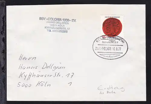 KÖLN-MANNHEIM BAHNPOST j ZUG 00200 16.8.77 auf Brief