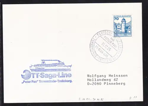 DEUTSCHE SCHIFFSPOST MS PETER PAN TT-SAGA-LINE TRAVEMÜNDE-TRELLEBORG  31.12.85