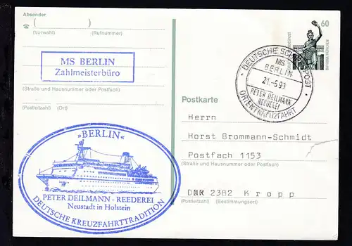 DEUTSCHE SCHIFFSPOST MS BERLIN PETER DEILMANN REEDEREI ORIENTKREUZFAHRT 21.5.90