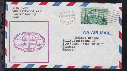 KLM-Erstflugbrief Houston-Amsterdam SEP 6 1957