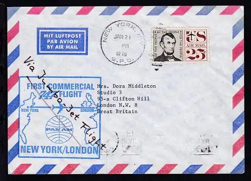 PANAM-Erstflugbrief New York-London JAN 21 1970, Brief senkr. Bug