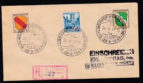 Lindau K1 LINDAUER HERBSTWOCHE 13.-28.9.1947 24.9.47 auf R-Brief nach Weingarten