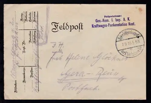 Bayer. Feldpostexped. der 1. b. Infanterie-Div.c 7.9.16 + 