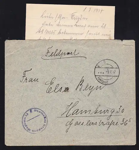 K D Feldpost … 3.7.17 + K1 Deutsches Etappen Magazin 15 auf Feldpostbrief mit